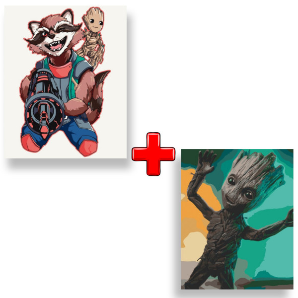 Набор картин по номерам 2 в 1 "Грут и Ракета" 40х50 16004-AC и "Грут танцует" 40х50 16003-AC