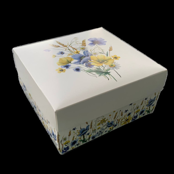 Коробка подарункова 195х195х97 мм Квіти жовто-блакитні ПДК28