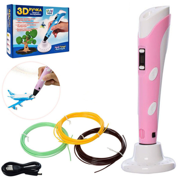 3D ручка з LED екраном AK0010, 19см, тип філаменту(пластик)-PLA, на акумуляторі, USB-шнур (AK0010(Pink))