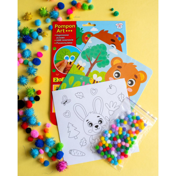 Набір для творчості Ведмідь Pompon Art 10100692, 100 помпонів та розмальовка (10100692)