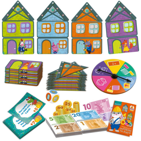 Детская настольная игра "Зарабатывай и строй" VT2312-04, 48 деталей домов (VT2312-04)
