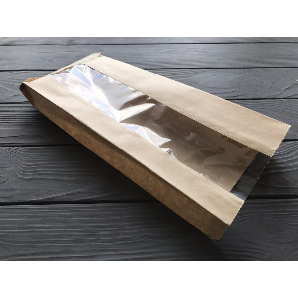 Пакет саше з прозорою вставкою бурий 340х140х60 121Ф