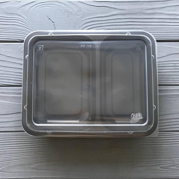 Лоток двухсекционный с крышкой (Ланч бокс) PP2 черный 227х178х40 (400шт/ящ) СВЧ