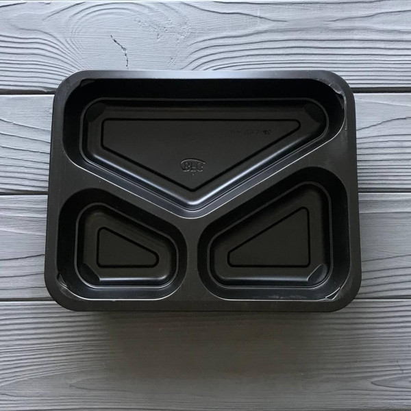 Лоток трехсекционный с крышкой (Ланч бокс) PP3 черный 227х178х40 (400шт/ящ) СВЧ