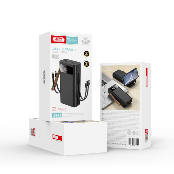 Повербанк  XO PR142 30000mAh with cable Micro, Lightning, Type-C, USB Арт.30728
