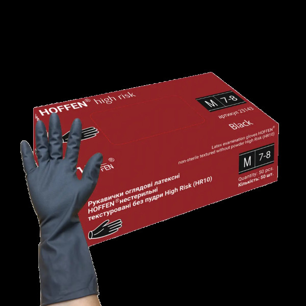 Рукавички латексні неприпудрені чорні Hoffen high risk M (25пар/уп|10уп/ящ)(23143)