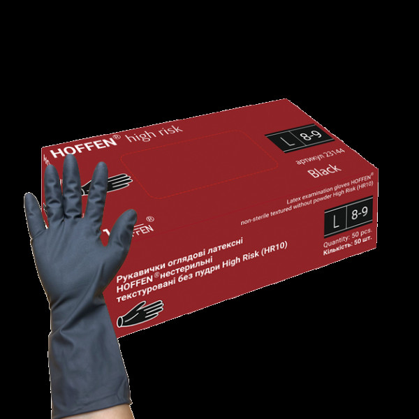 Рукавички латексні неприпудрені чорні Hoffen high risk L (25пар/уп|10уп/ящ)(23144)