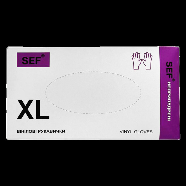 SEF Рукавички вінілові нестерильні неприпудрені гладкі прозорі,роз. XL (100шт/уп) 259104