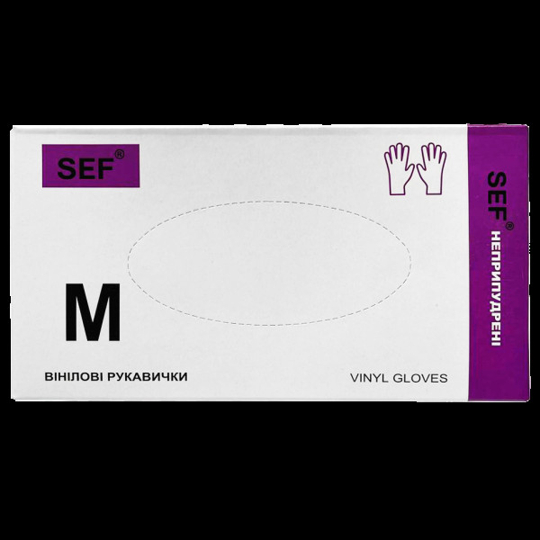SEF Рукавички вінілові нестерильні неприпудрені гладкі прозорі,роз. M (100шт/уп) 259102