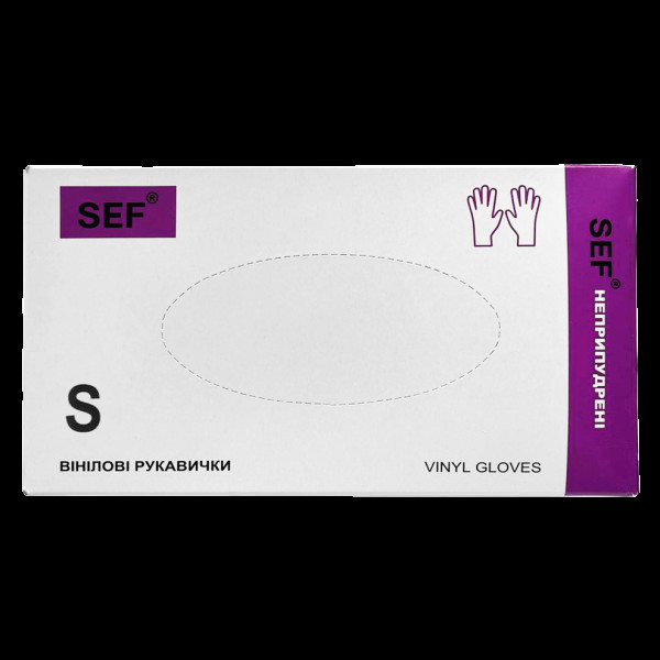 SEF Рукавички вінілові нестерильні неприпудрені гладкі прозорі,роз. S (100шт/уп) Арт.259101(259101)