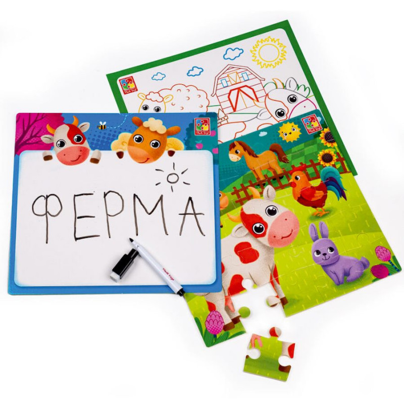 Развивающий набор 4 в 1 "Ферма" VT2002-01 пазл, раскраска, маркер