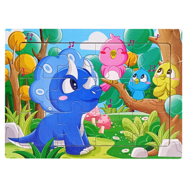 Дитячий дерев'яний пазл-вкладиш "Динозавр з пташками" MD 1343-12, 12 елементів 15 х 11 х 0,4 см (MD 1343-12)