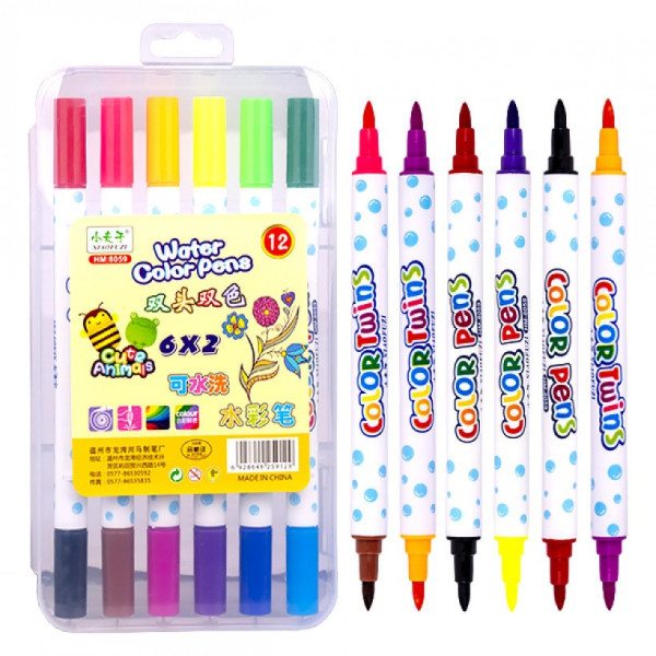 Набір двоколірних фломастерів 6 штук 12 кольорів 8059-12 в пластиковому боксі (8059-12)