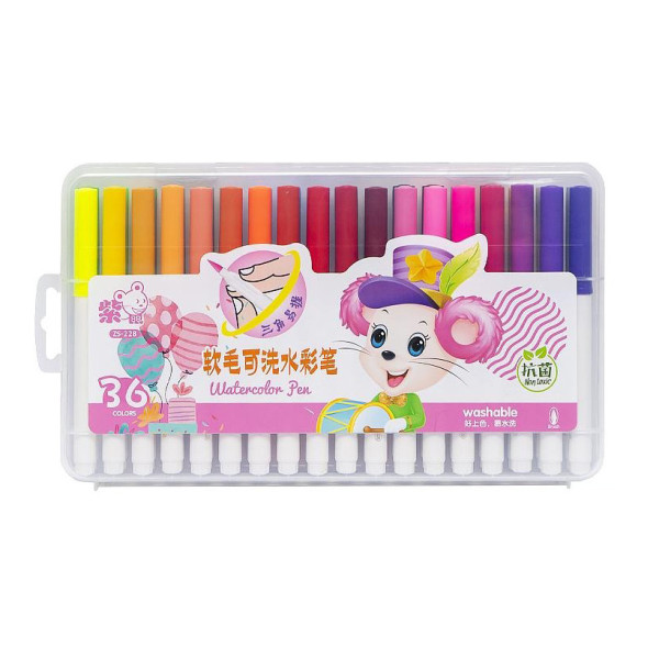 Фломастер - пензлик "Water color pen" 36 кольорів 228-36 у пластиковому боксі (228-36(Pink))