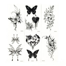 Набір дитячих тимчасових тату "Метелики та квіти №2" black-tattoo-mini-setfl02, 6 штук по 9,5*5,5 см (black-tattoo-mini-setfl02)