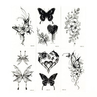 Набір тимчасових тату "Метелики та квіти №2" black-tattoo-mini-set-f02 із 6 чорних по 9,5 х 5,5 см (black-tattoo-mini-set-f02)