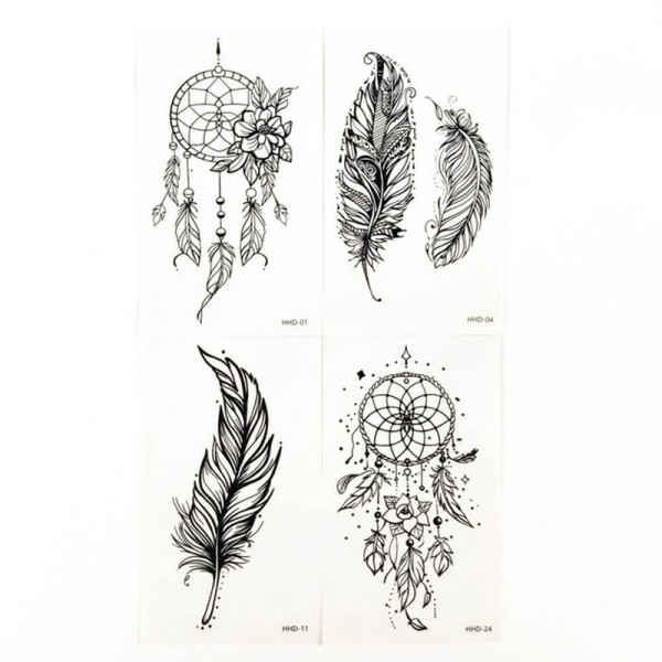 Набір тимчасових тату "Ловці снів та пір'я" black-tattoo-mini-set-dre із 4 чорних по 9,5 х 5,5 см (black-tattoo-mini-set-dre)