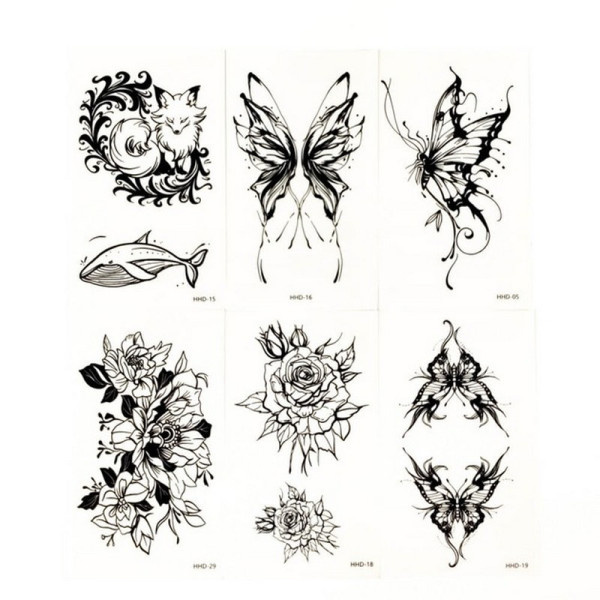 Набір тимчасових тату "Метелики та квіти №1" black-tattoo-mini-set-f01 із 6 чорних по 9,5 х 5,5 см (black-tattoo-mini-set-f01)