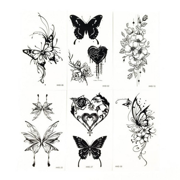 Набір тимчасових тату "Метелики та квіти №2" black-tattoo-mini-set-f02 із 6 чорних по 9,5 х 5,5 см (black-tattoo-mini-set-f02)