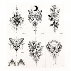 Набір тимчасових тату "Метелики та квіти №3" black-tattoo-mini-set-f03 із 6 чорних по 9,5 х 5,5 см (black-tattoo-mini-set-f03)