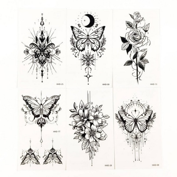 Набір тимчасових тату "Метелики та квіти №3" black-tattoo-mini-set-f03 із 6 чорних по 9,5 х 5,5 см (black-tattoo-mini-set-f03)