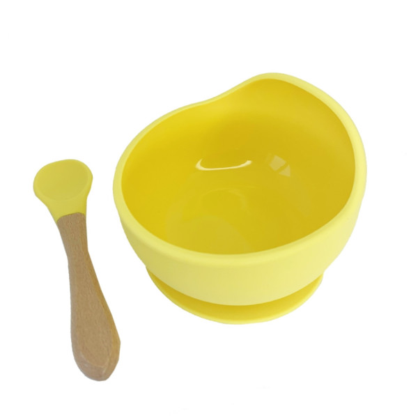 Силіконова тарілка на присосці з дерев'яною ложкою MGZ-0103(Yellow) 300 мл (MGZ-0103(Yellow))