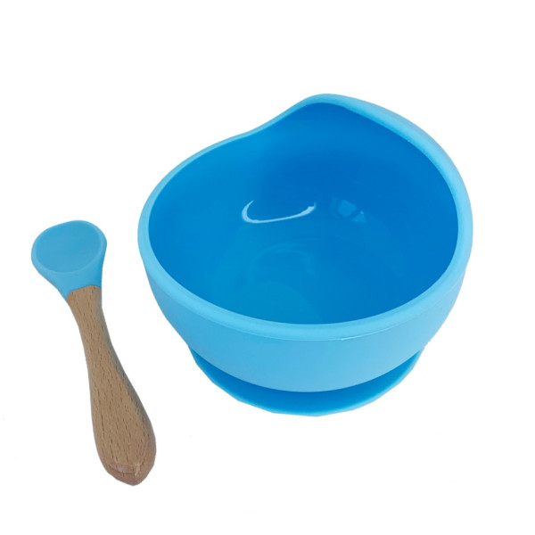 Силіконова тарілка на присосці з дерев'яною ложкою MGZ-0103(Blue) 300 мл (MGZ-0103(Blue))
