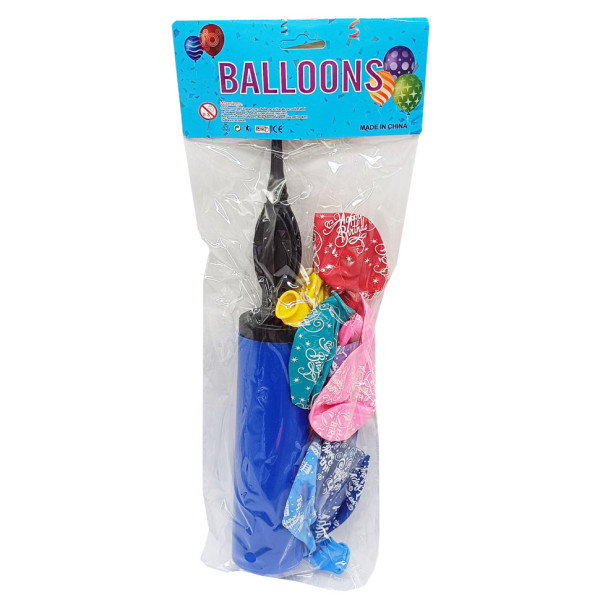 Повітряні кульки "Happy Birthday" MK 5482(Blue) 12 дюймів, 10 штук, 7 кольорів, насос 27 см (MK 5482(Blue))