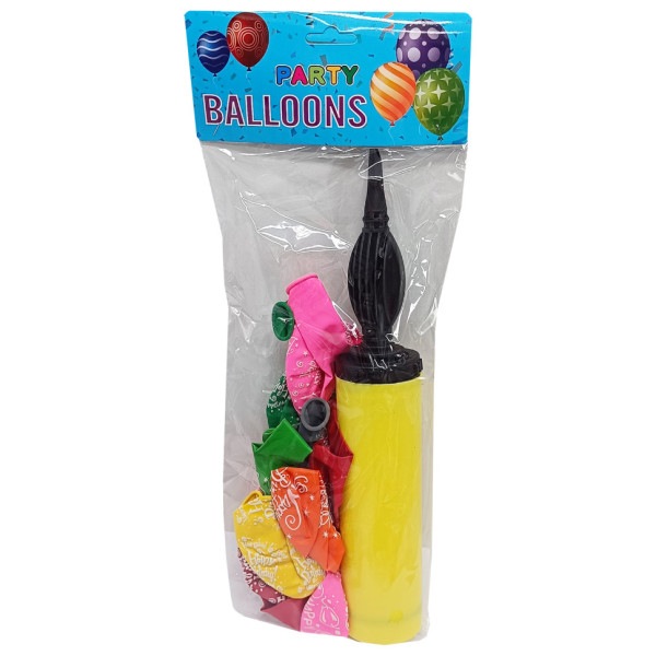 Повітряні кульки "Happy Birthday" MK 5482(Yellow) 12 дюймів, 10 штук, 7 кольорів, насос 27 см (MK 5482(Yellow))