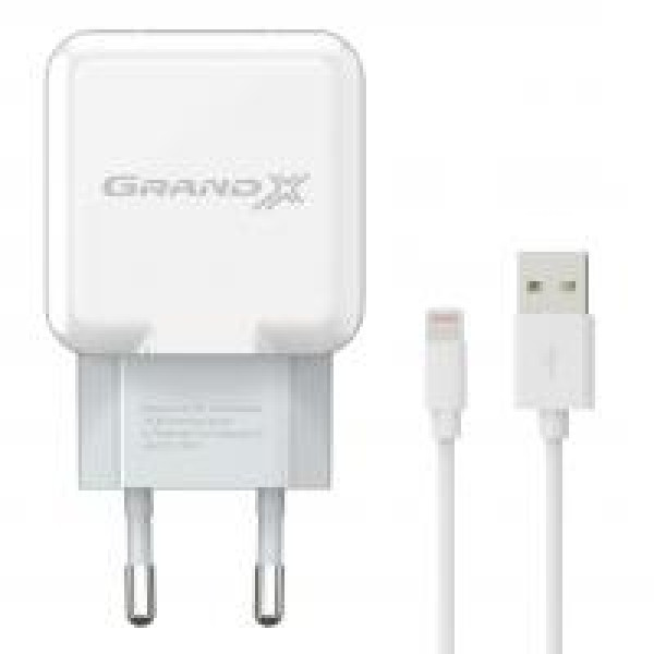 Зарядное устройство Grand-X USB 5V 2,1A White + cable USB -> Lightning, Cu Арт.CH03LTW